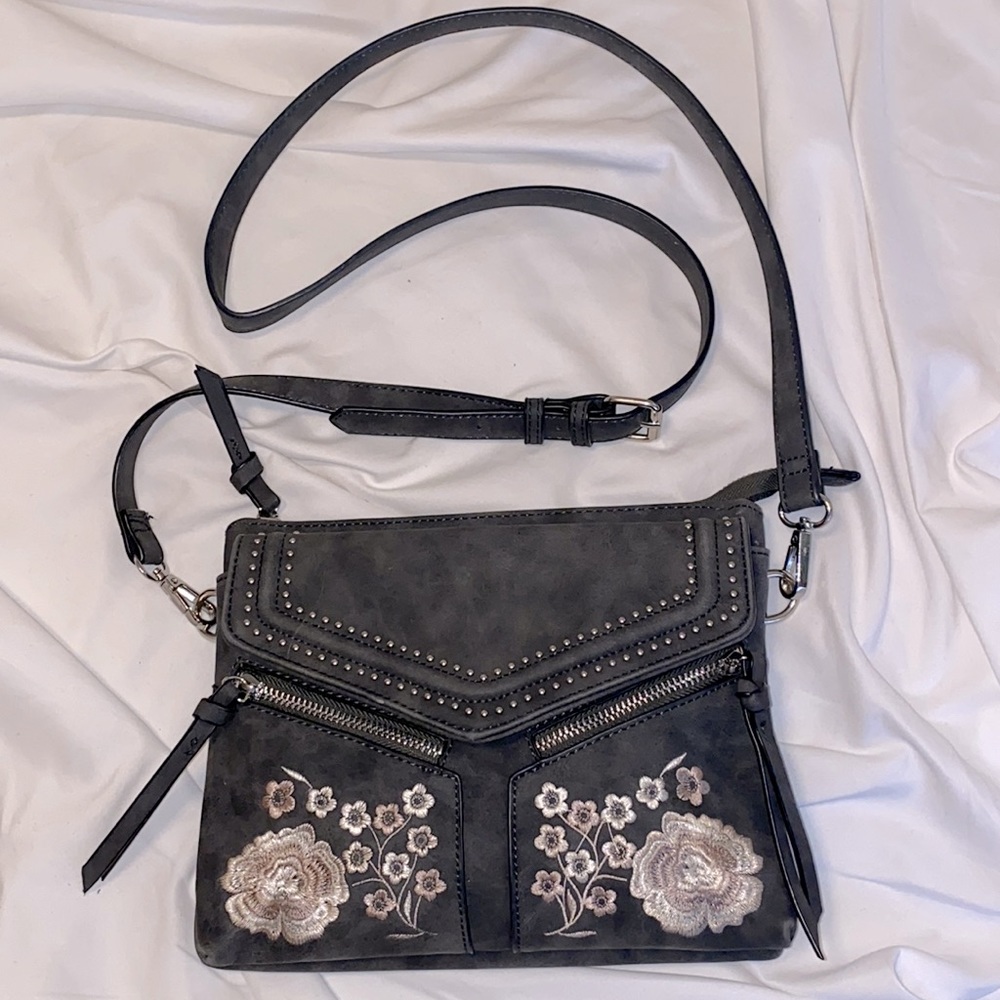 Francesca’s Grey Suede Embroidered Crossbody bag